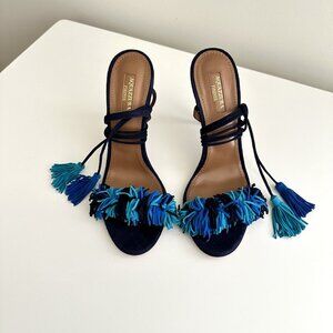 AQUAZZURA Wild Thing Multi Blue Suede Ankle Wrap Fringe Heels Sandals Size 38.5